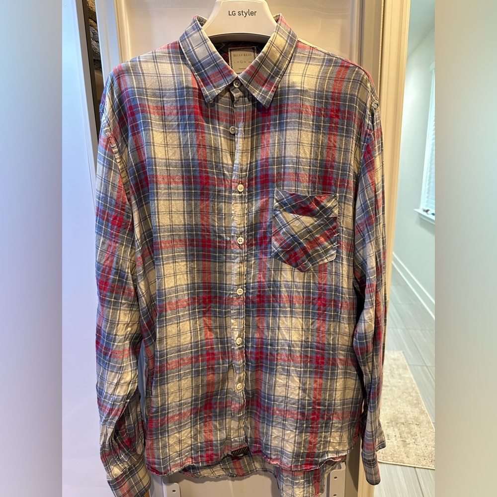 Billy Reid Multicolor Plaid Button Down Linen Shirt